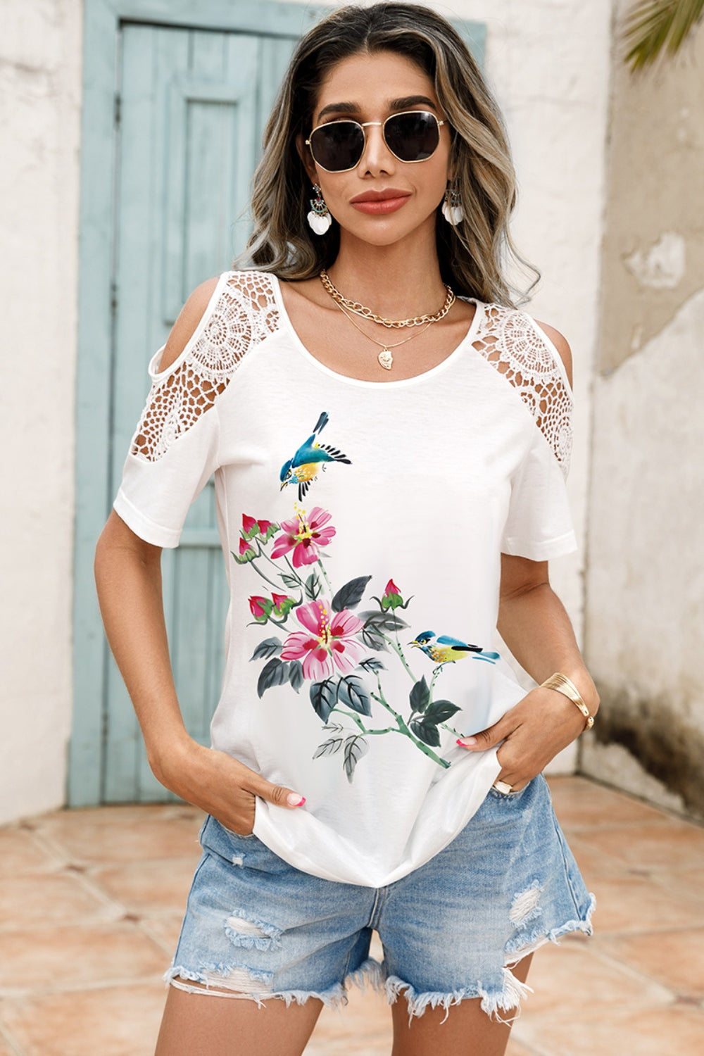 Colorful floral print blouse with lace cold shoulder