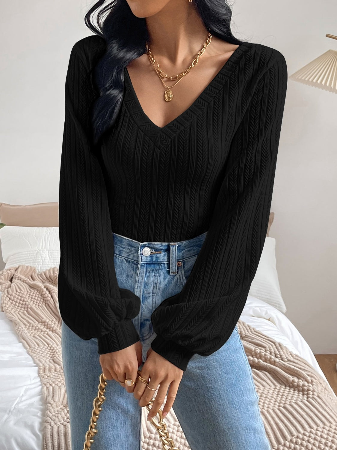 Honey V-Neck Long Sleeve T-Shirt in black, standing pose