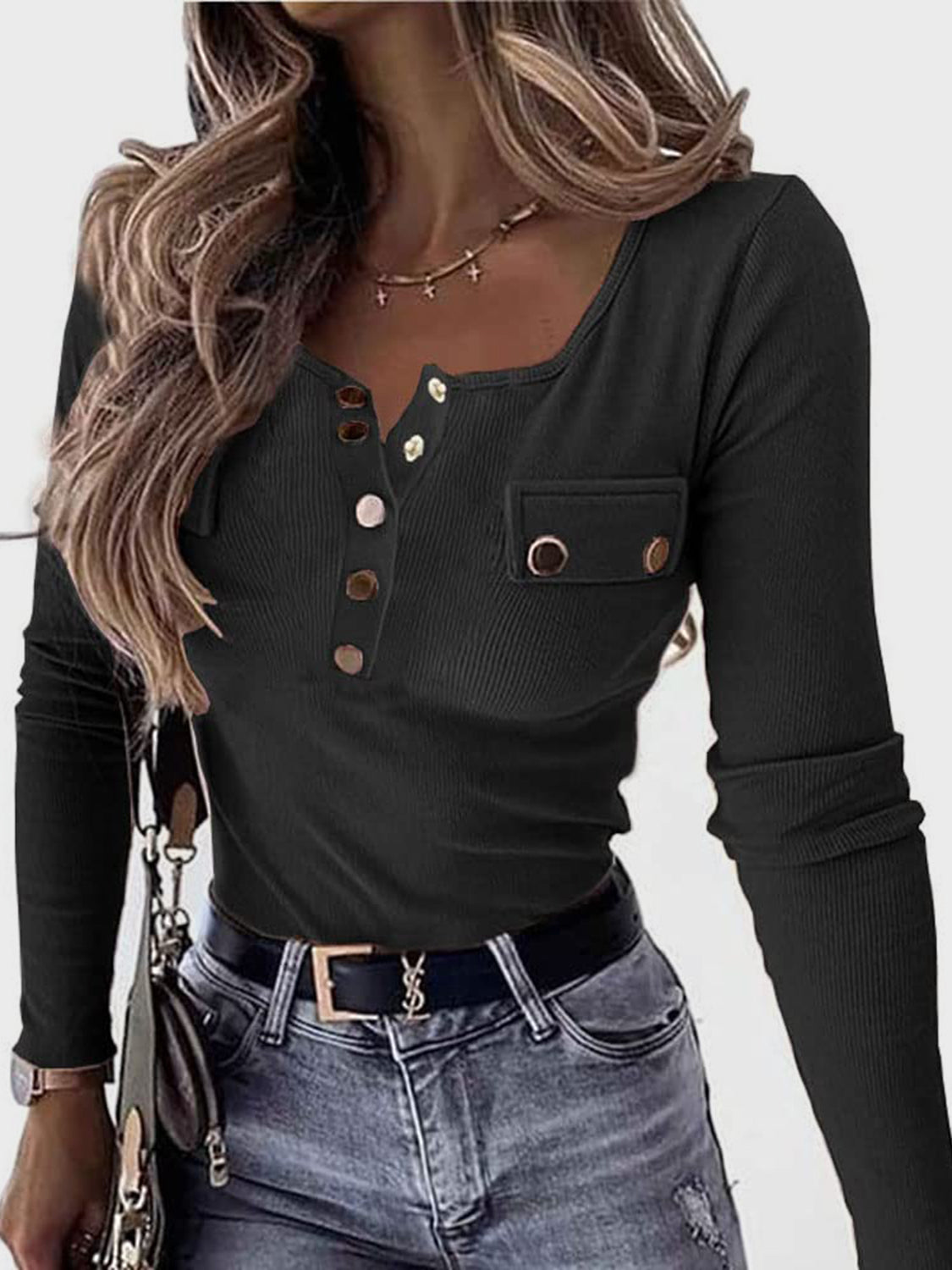 Full Size Half Snap Long Sleeve T-Shirt on model