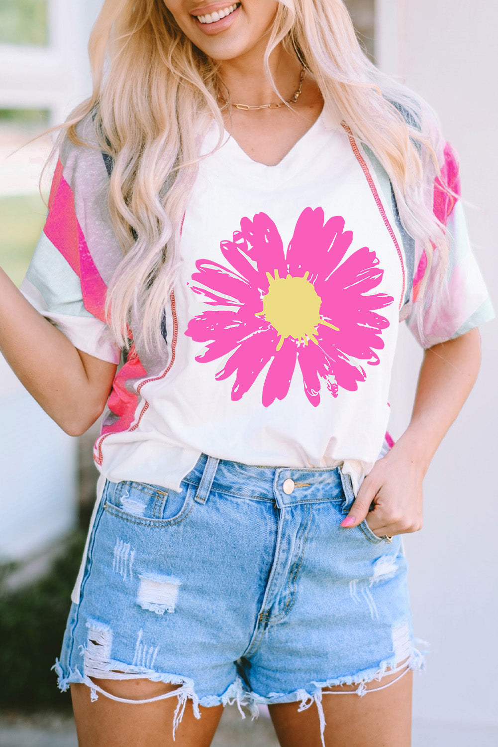 Daisy Graphic V-Neck T-Shirt with half sleeves
