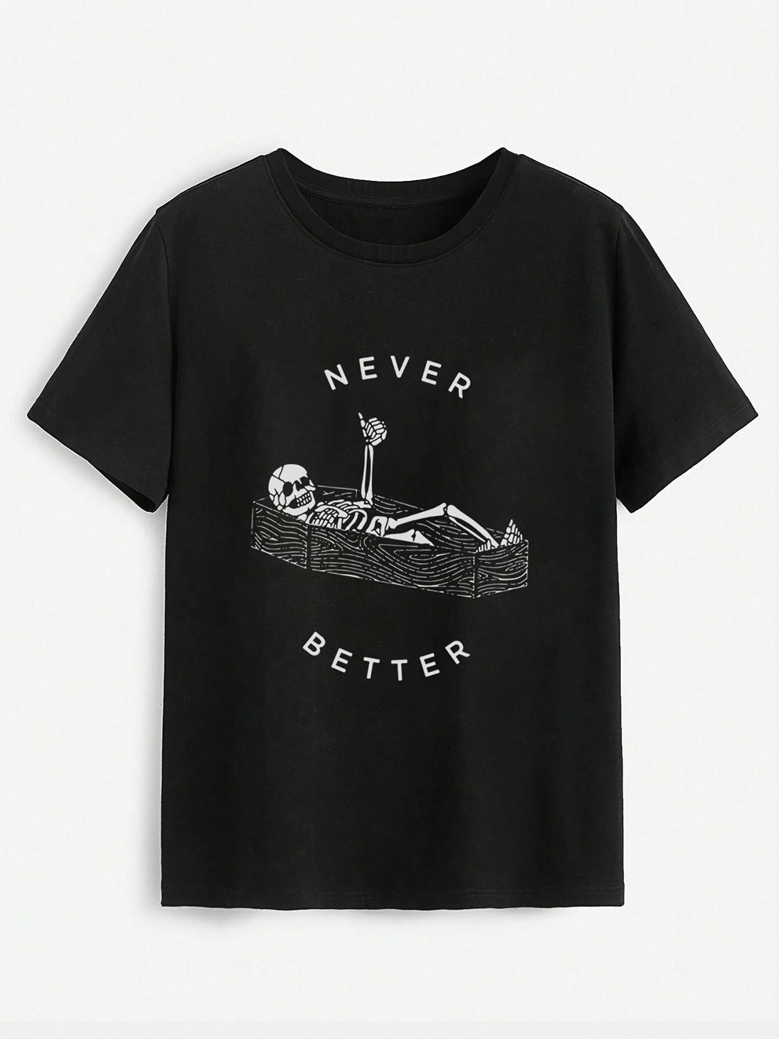 Black skull round neck short sleeve T-shirt, flat lay