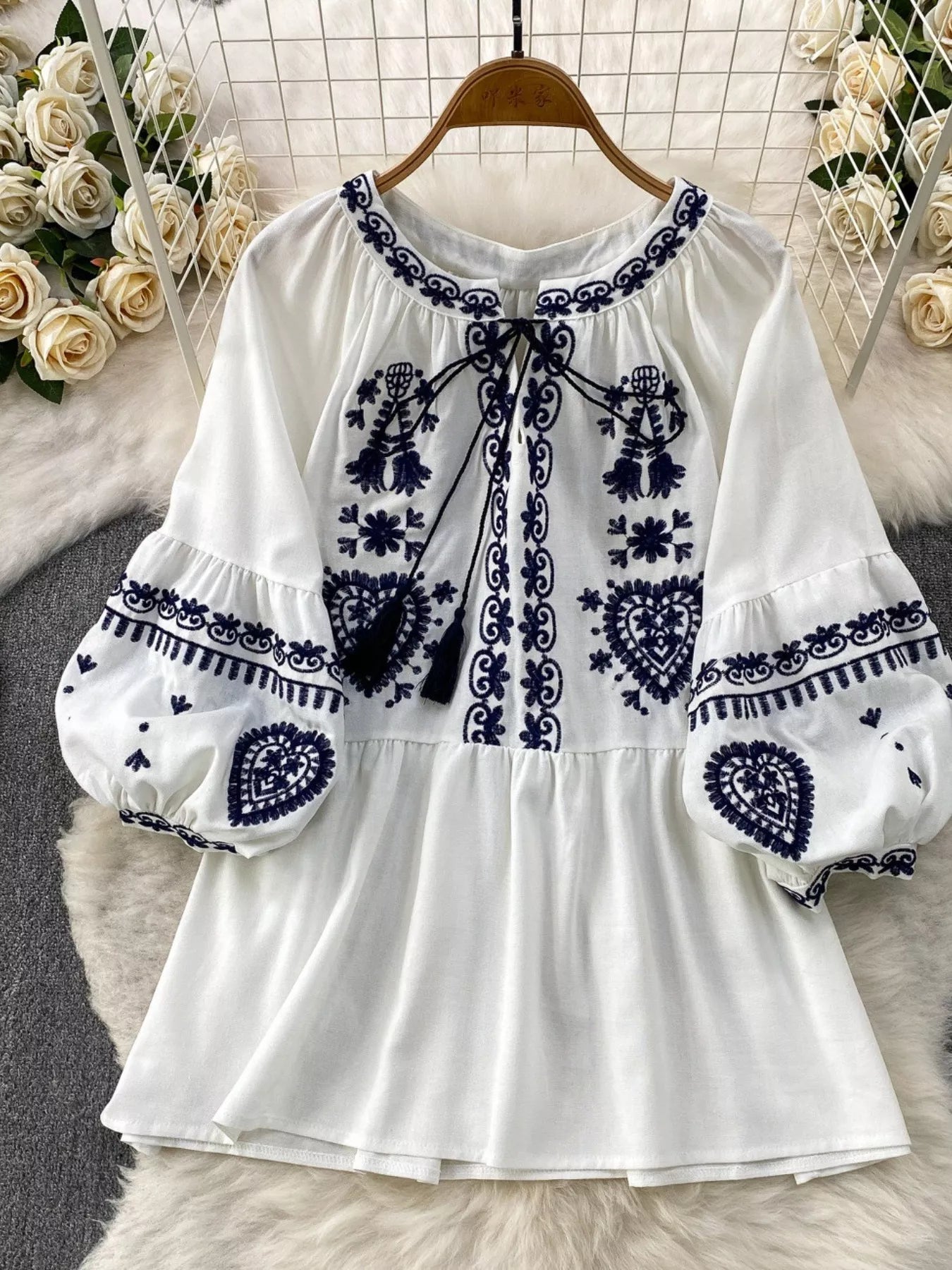 Embroidered Tie Neck Blouse
