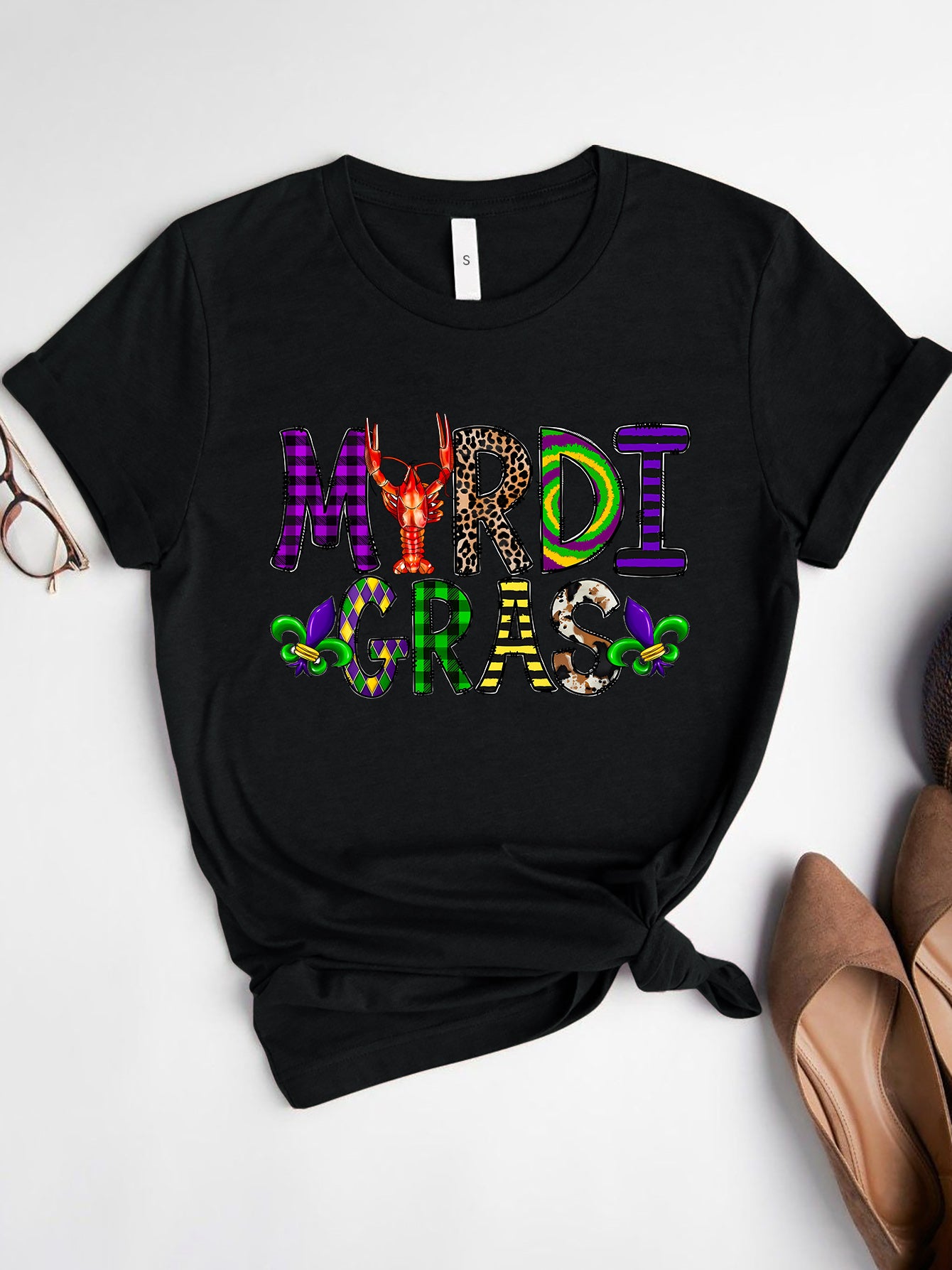 Black Mardi Gras round neck short sleeve T-shirt