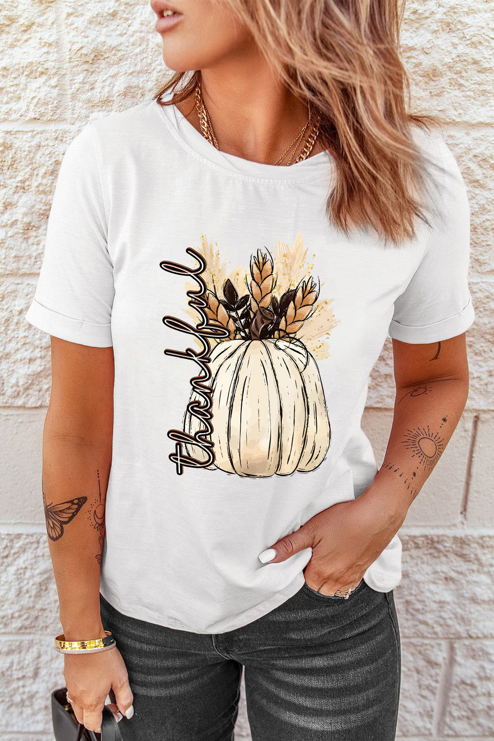 Thankful graphic round neck short sleeve T-shirt