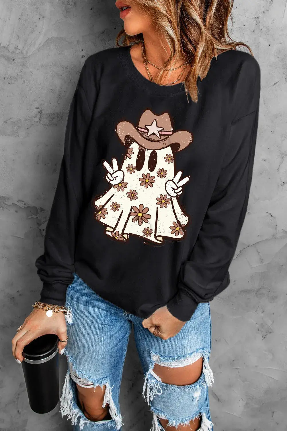 Stylish ghost sweatshirt with cowboy hat and floral pattern
