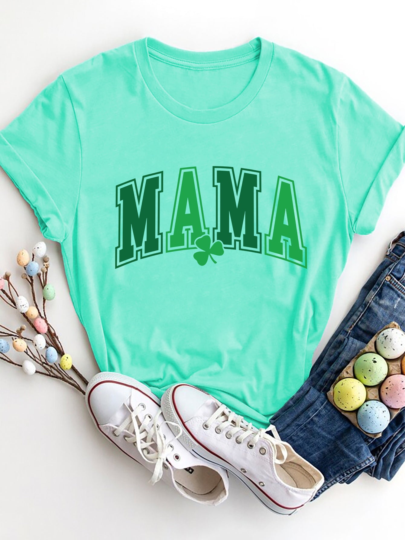 Mint green MAMA round neck short sleeve T-shirt