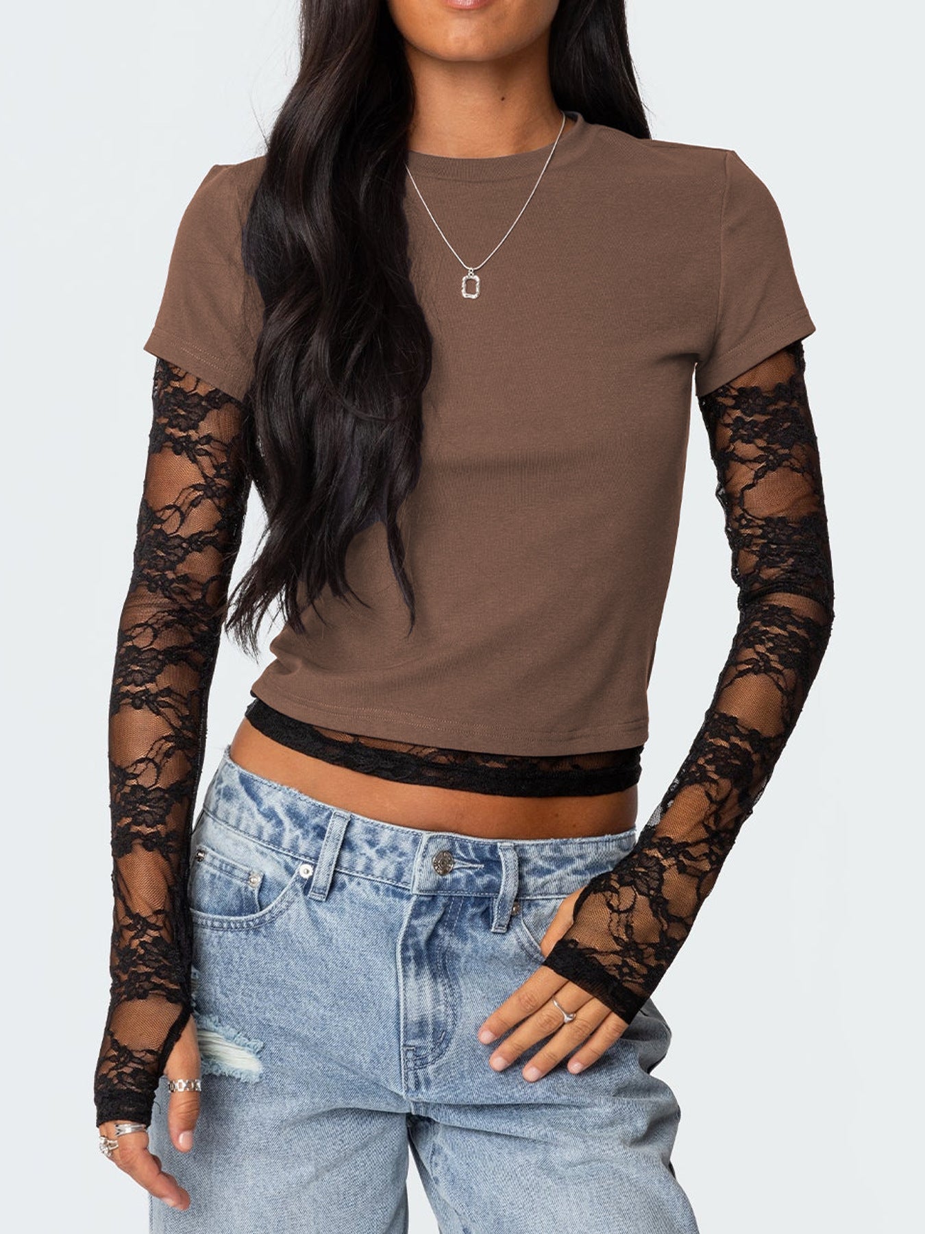 Lace Sleeve Fitted T-Shirt
