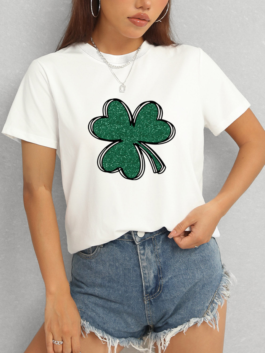 White Lucky Clover T-Shirt with Denim Shorts
