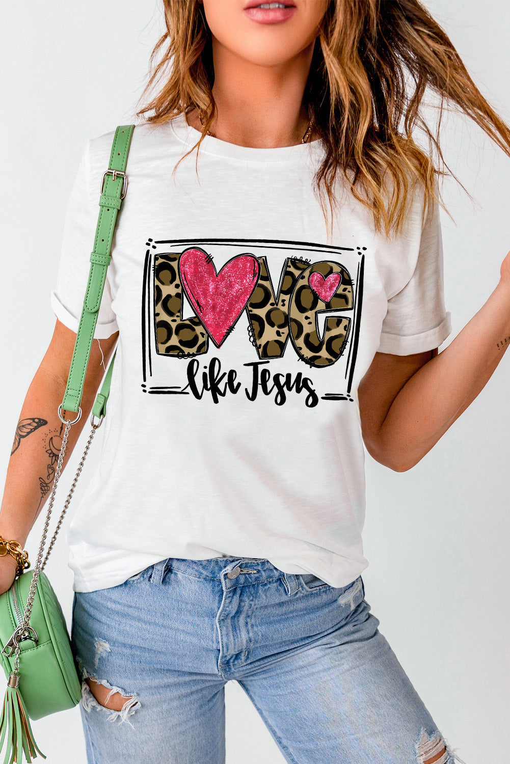 Front view of LOVE LIKE JESUS T-Shirt with heart design