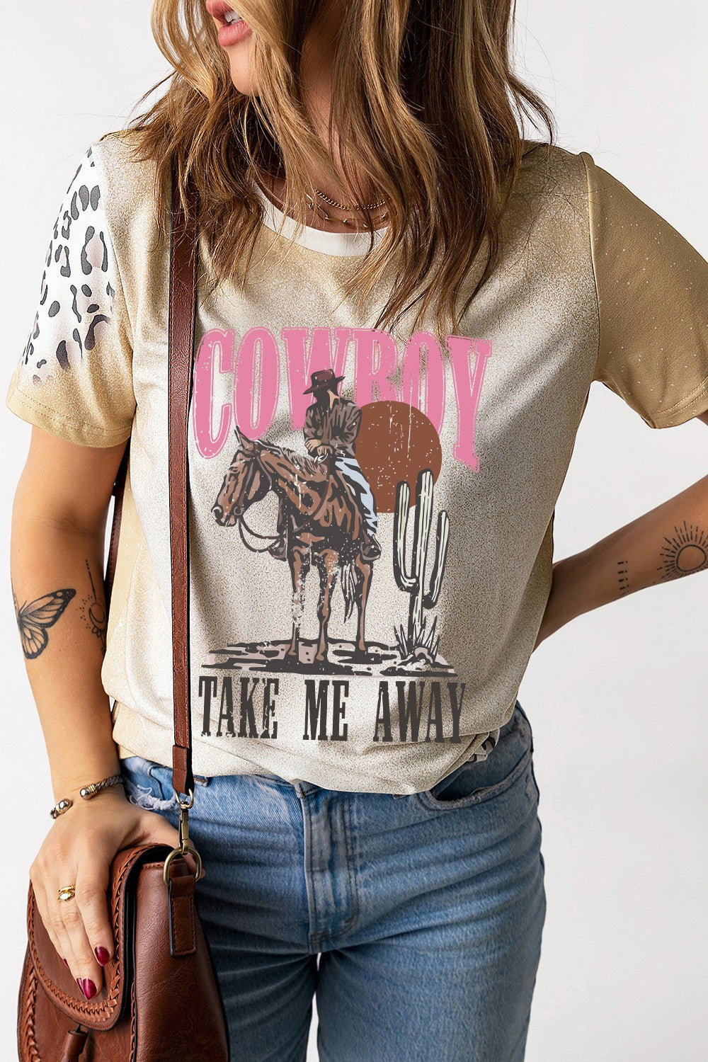 Cowboy graphic round neck short sleeve T-shirt, front view