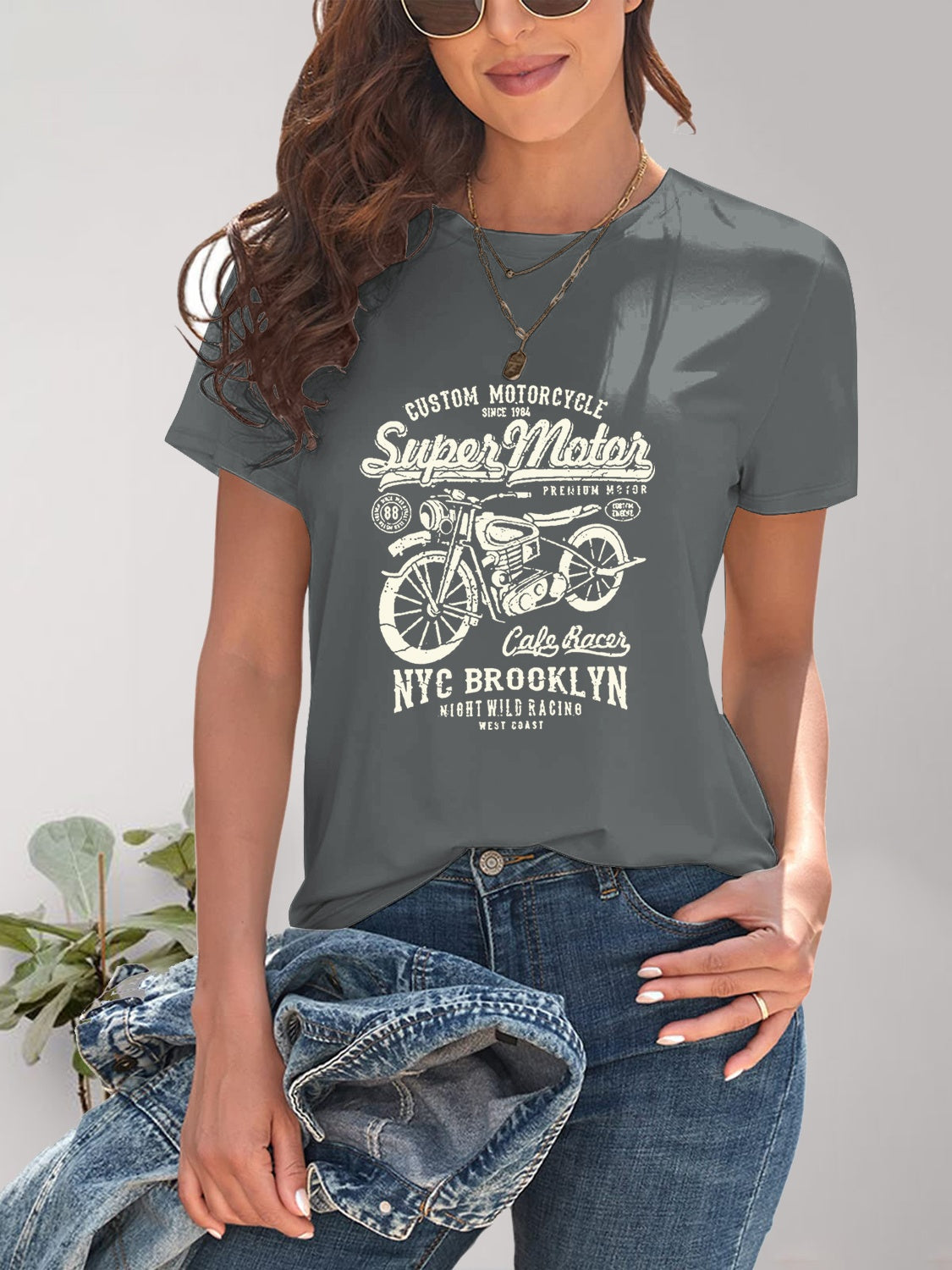 Gray motorcycle graphic round neck T-shirt, front view