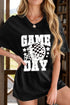 Black GAME DAY T-shirt with helmet graphic, front view