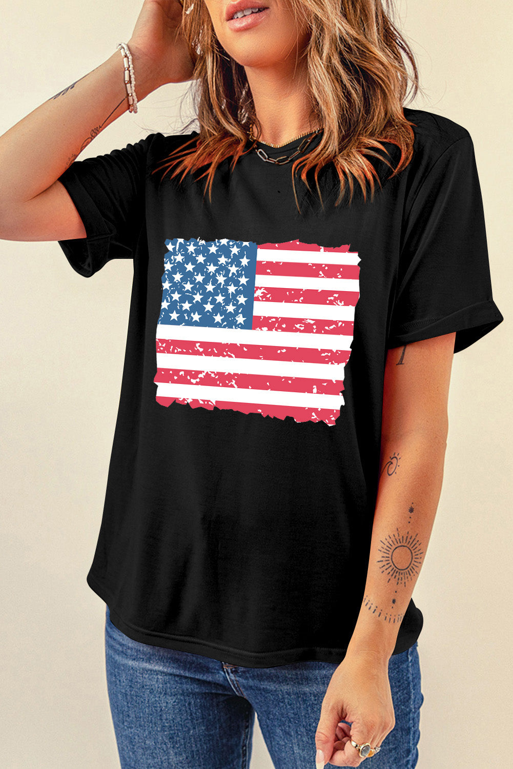 US Flag Round Neck Short Sleeve T-Shirt, side view