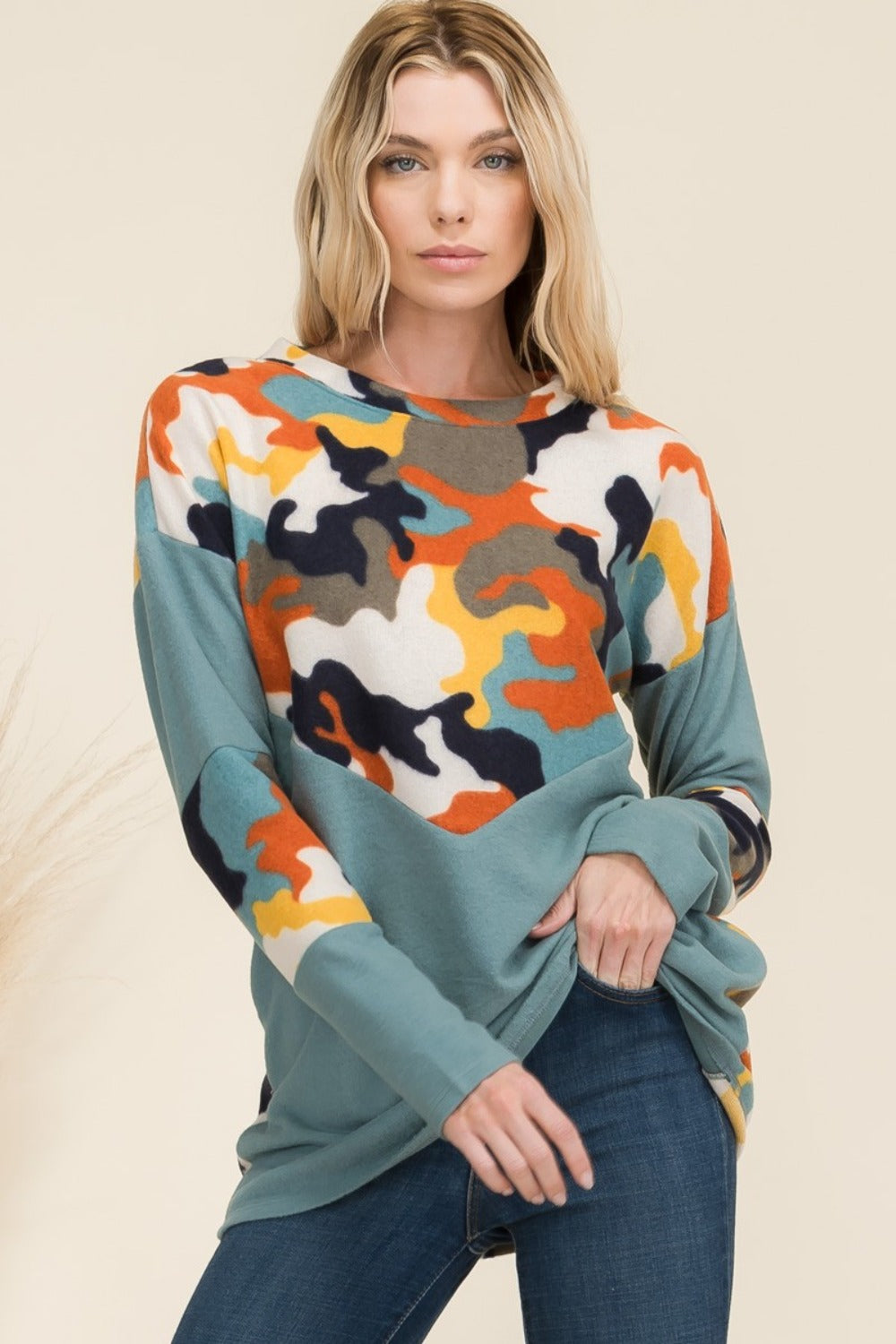 Celeste camo print contrast long sleeve t-shirt front view