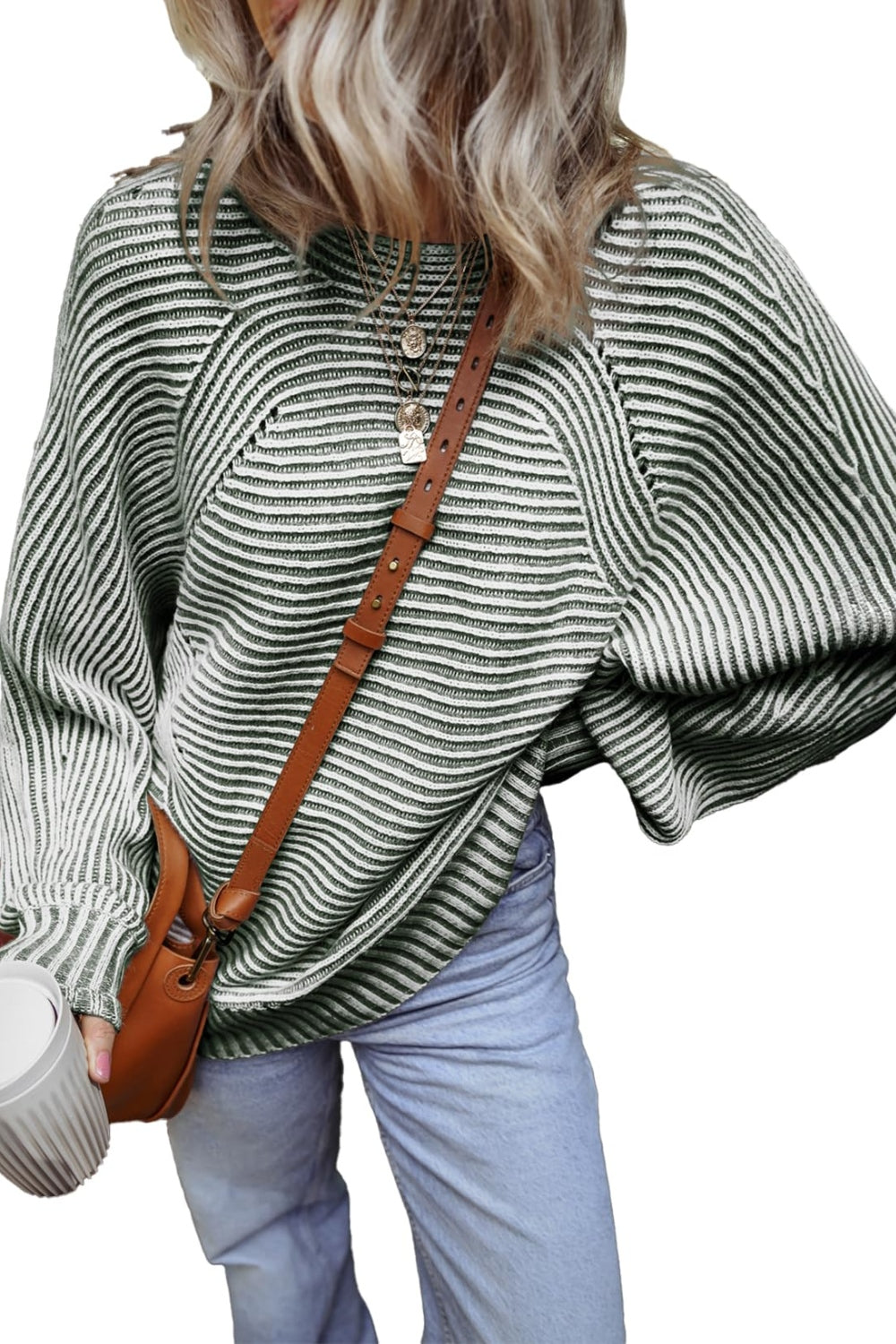 Green textured striped top with brown bag