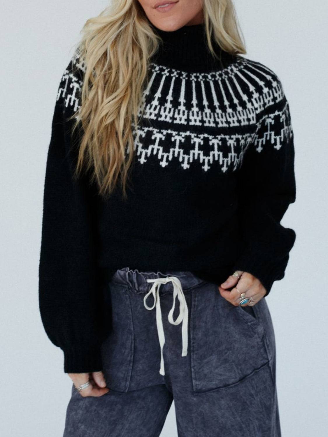 Black contrast turtleneck long sleeve sweater front view