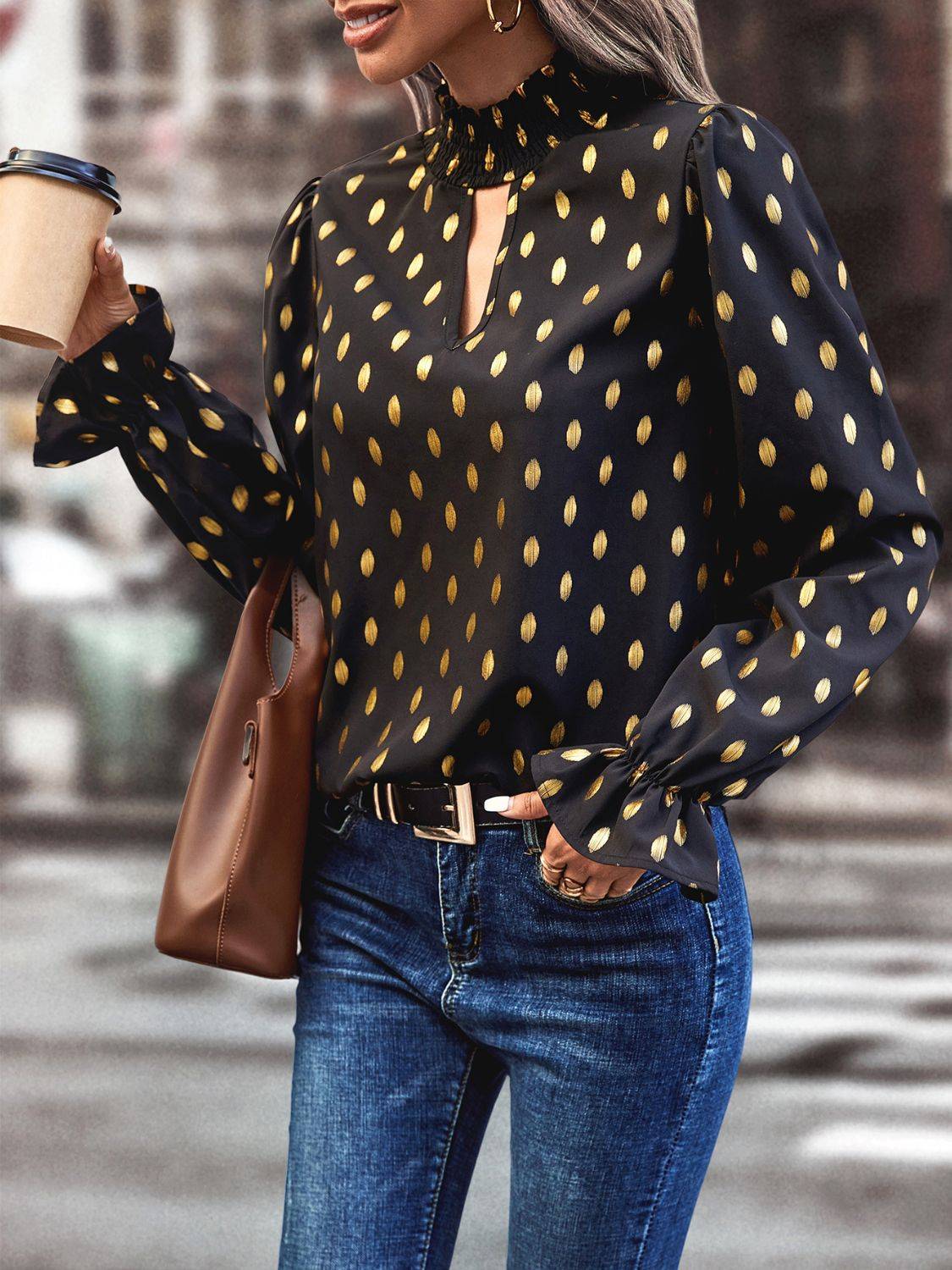 Cutout printed mock neck blouse with flounce sleeves, casual style