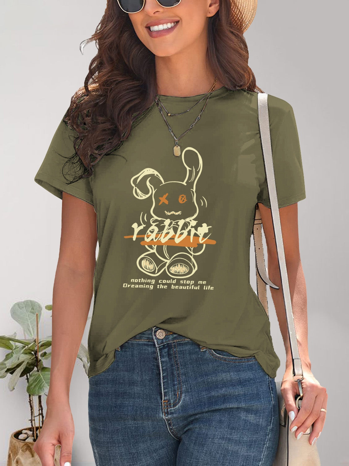 Olive rabbit graphic t-shirt with round neck and short sleeves