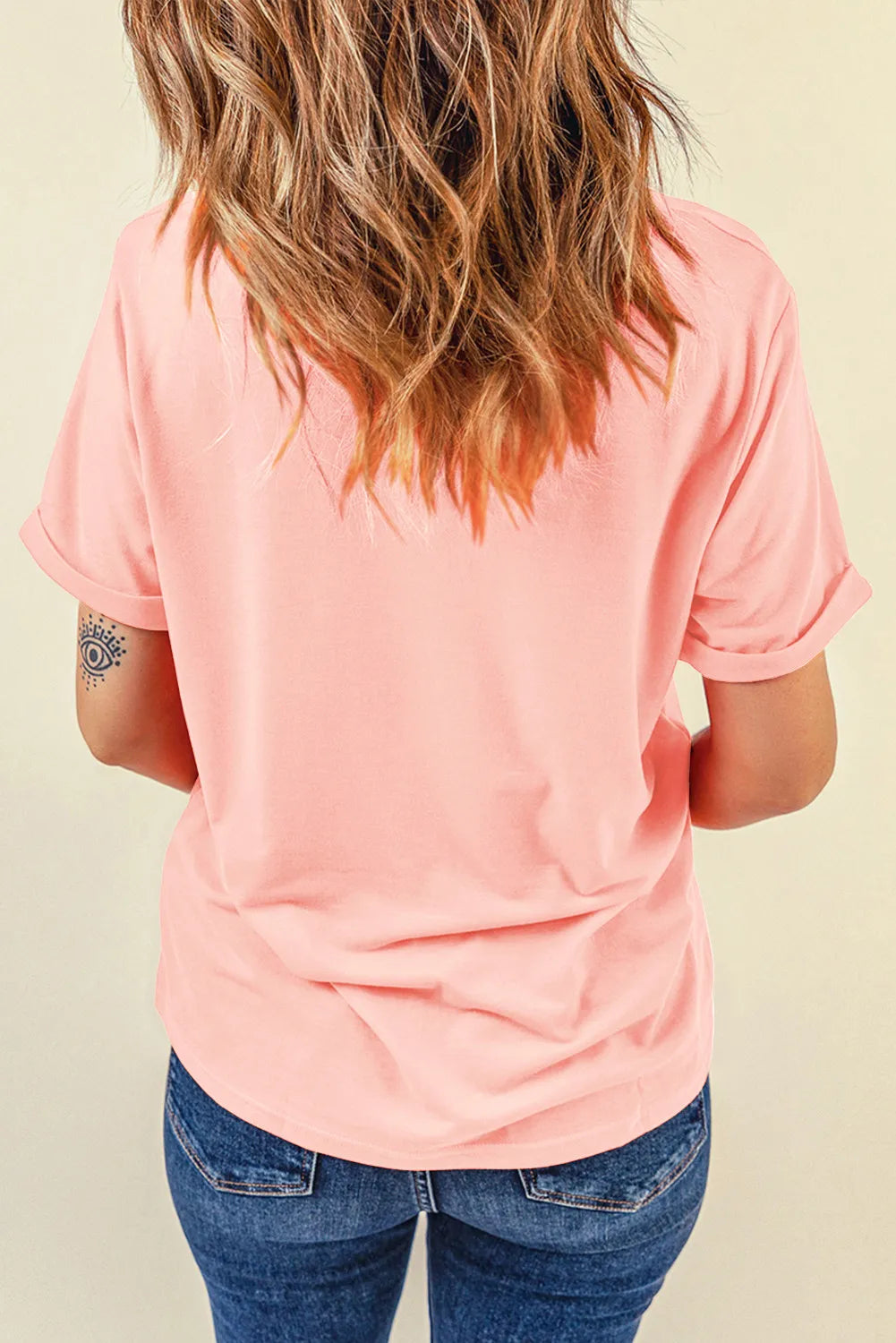 Back view of pink round neck long sleeve t-shirt