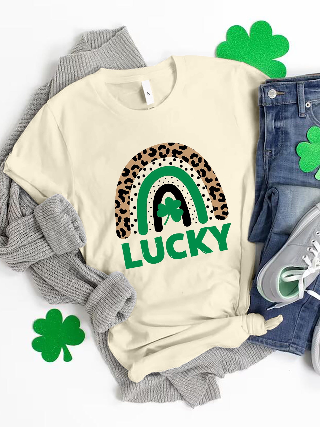 Cream LUCKY round neck short sleeve t-shirt with rainbow design