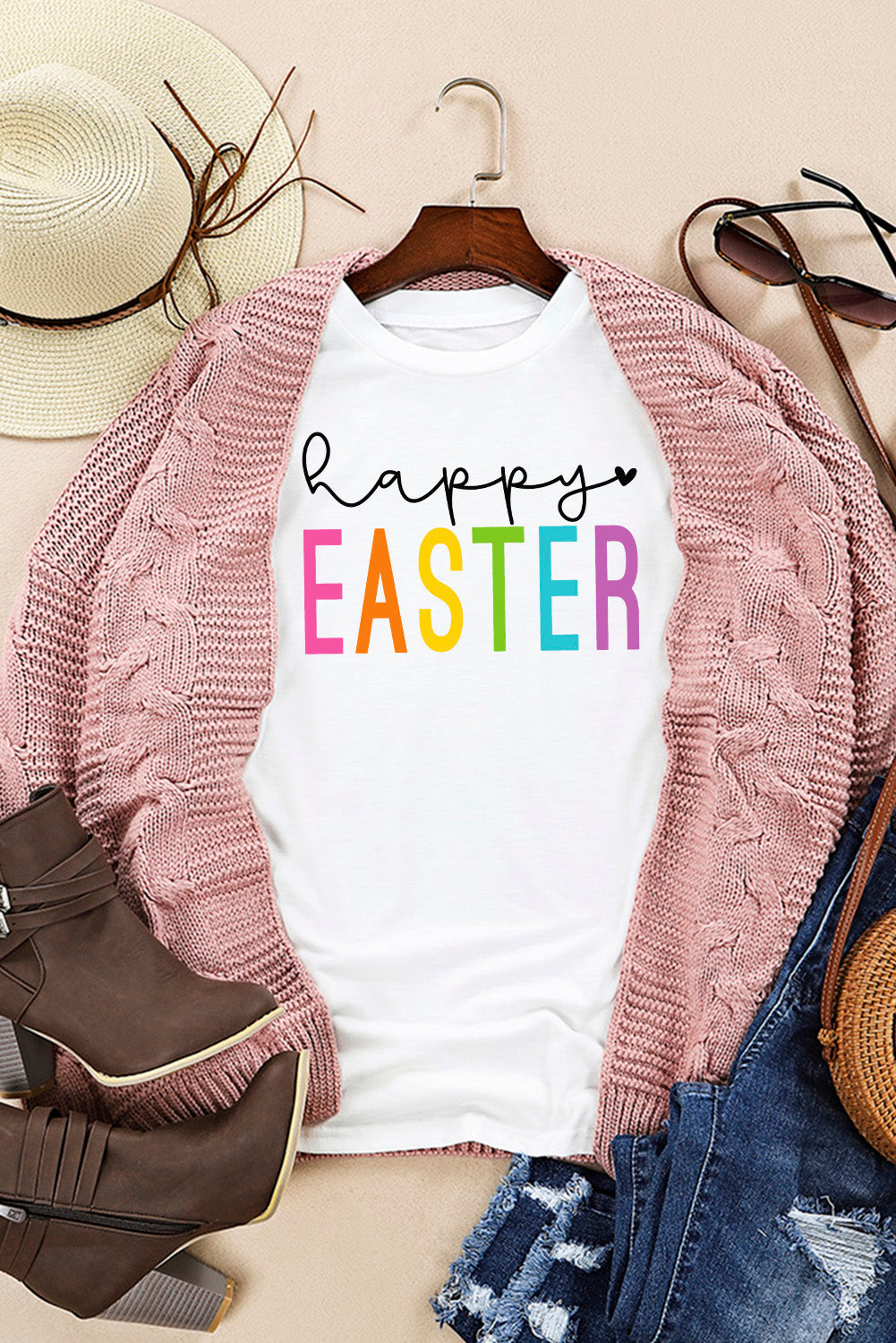 HAPPY EASTER T-shirt styled with pink cardigan and accessories