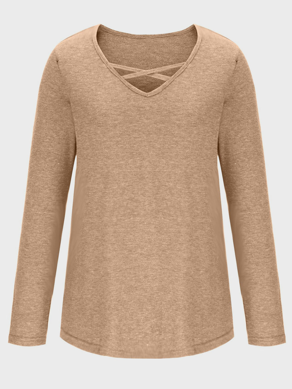 Beige crisscross V-neck long sleeve T-shirt, plain front view