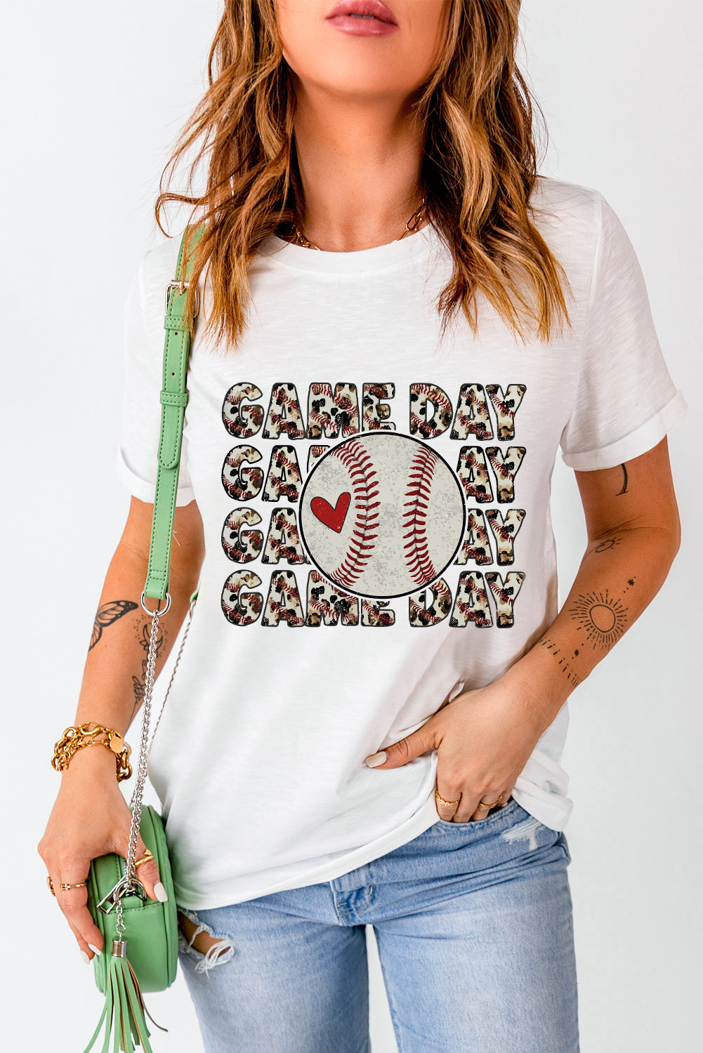 White GAME DAY T-shirt featuring baseball and heart motif