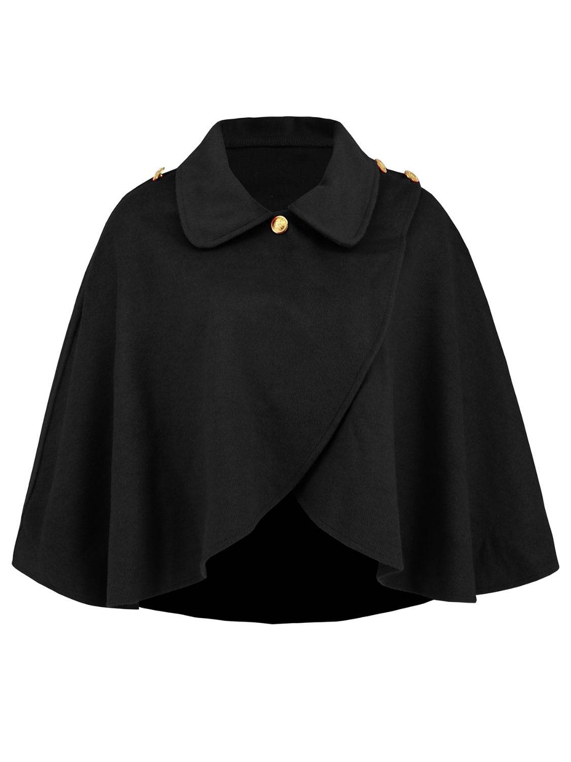 Black collared neck cropped cape, front view