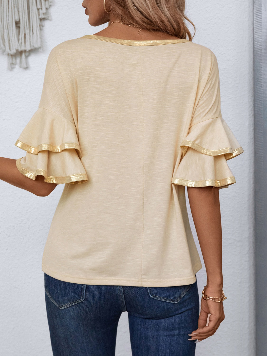 Beige round neck flounce sleeve T-shirt back view
