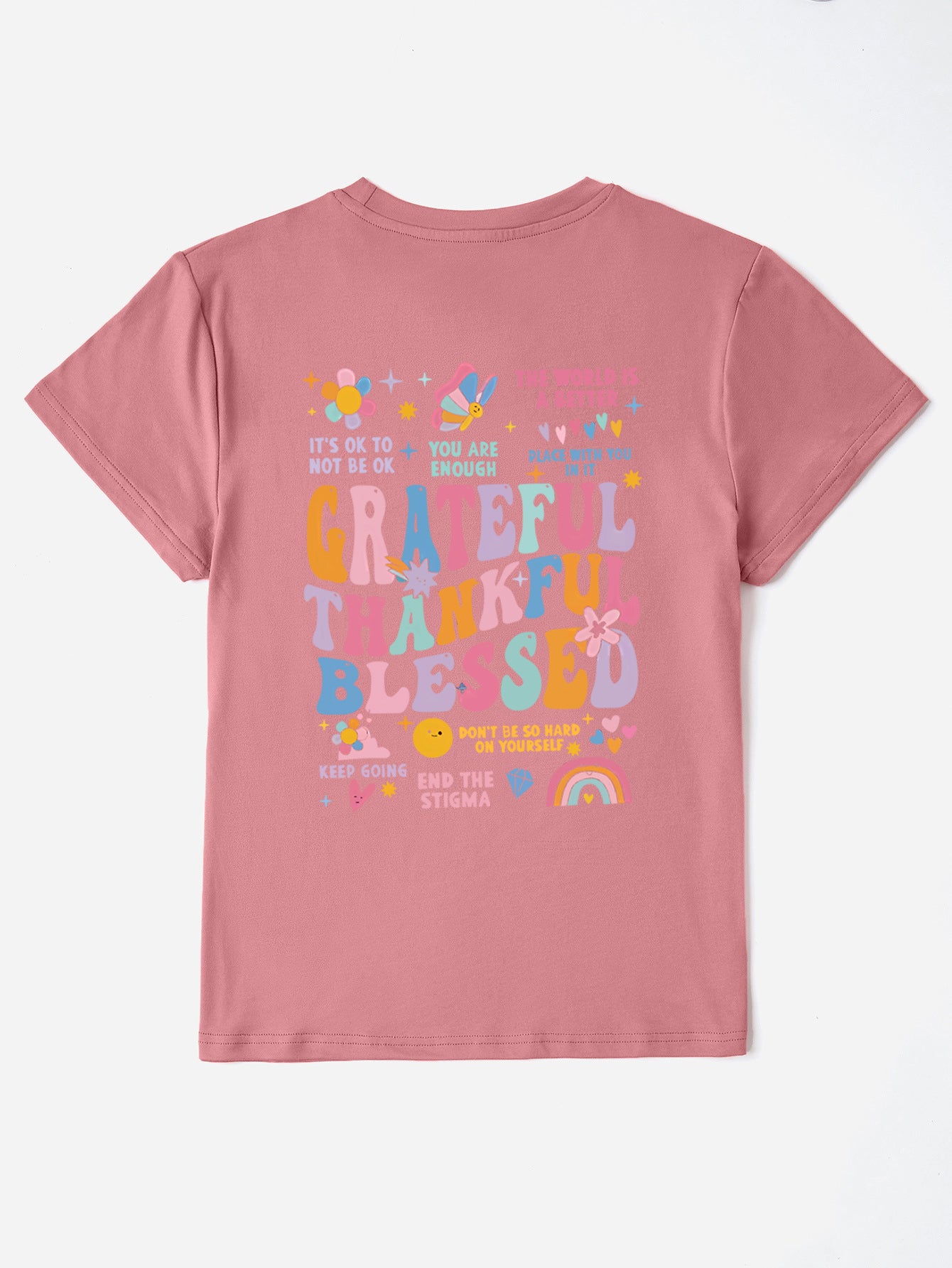 Mauve T-shirt with colorful gratitude graphic on back