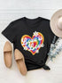 Black graphic round neck short sleeve T-shirt with heart design