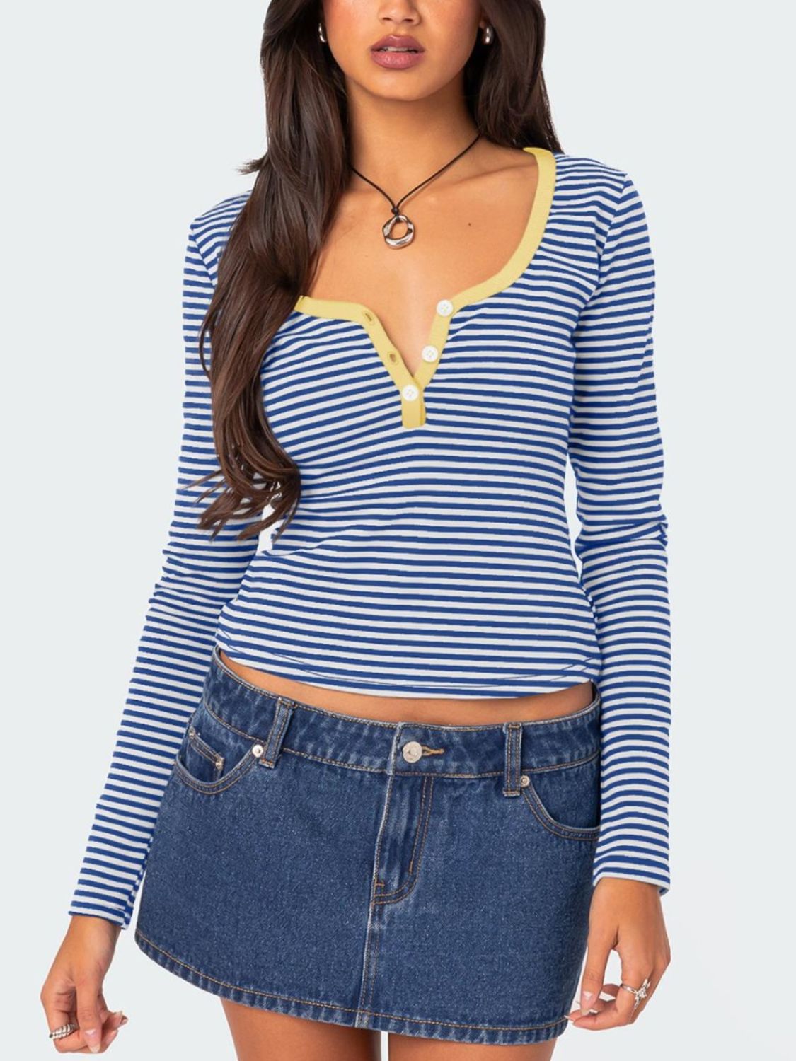 Black and white striped long sleeve T-shirt with buttons