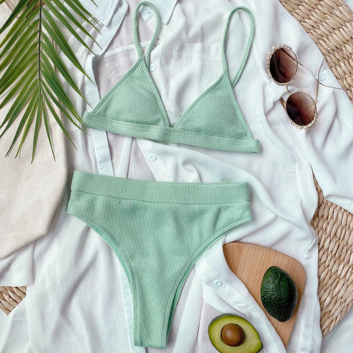 Mint green ribbed bikini set with tropical theme