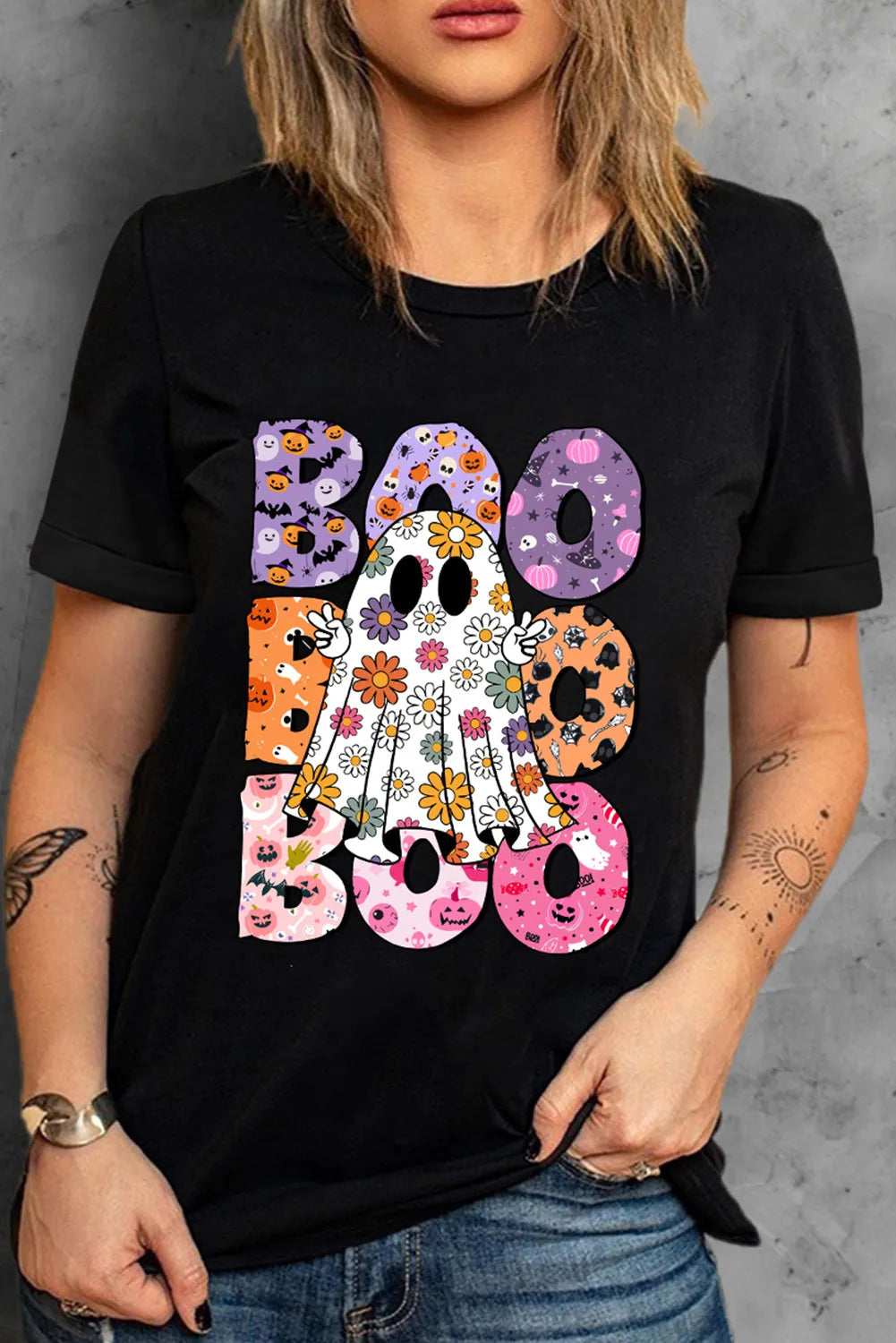 BOO Ghost Graphic Round Neck T-Shirt on model