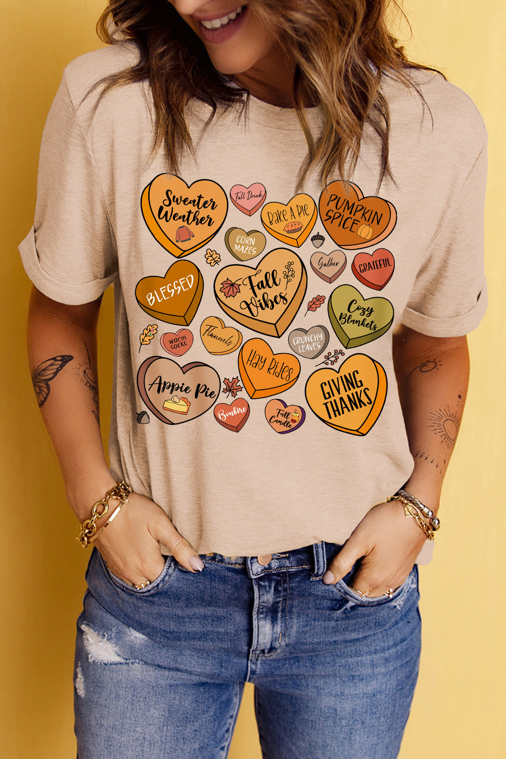 Heart graphic round neck short sleeve t-shirt worn by model