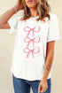 White T-shirt with pink bow graphic, round neck, short sleeves.