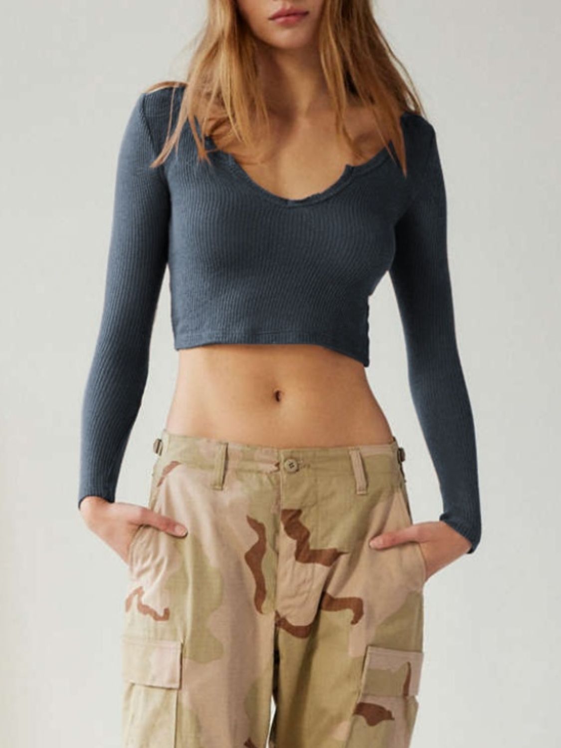 Dark blue notched long sleeve t-shirt, front view