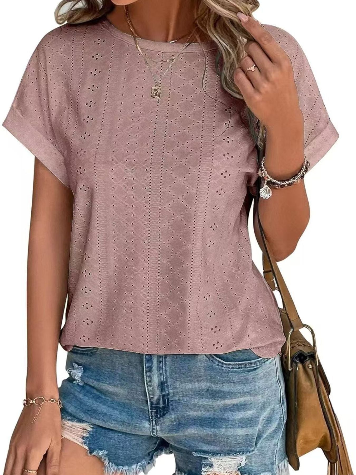 Eyelet Round Neck Short Sleeve Top