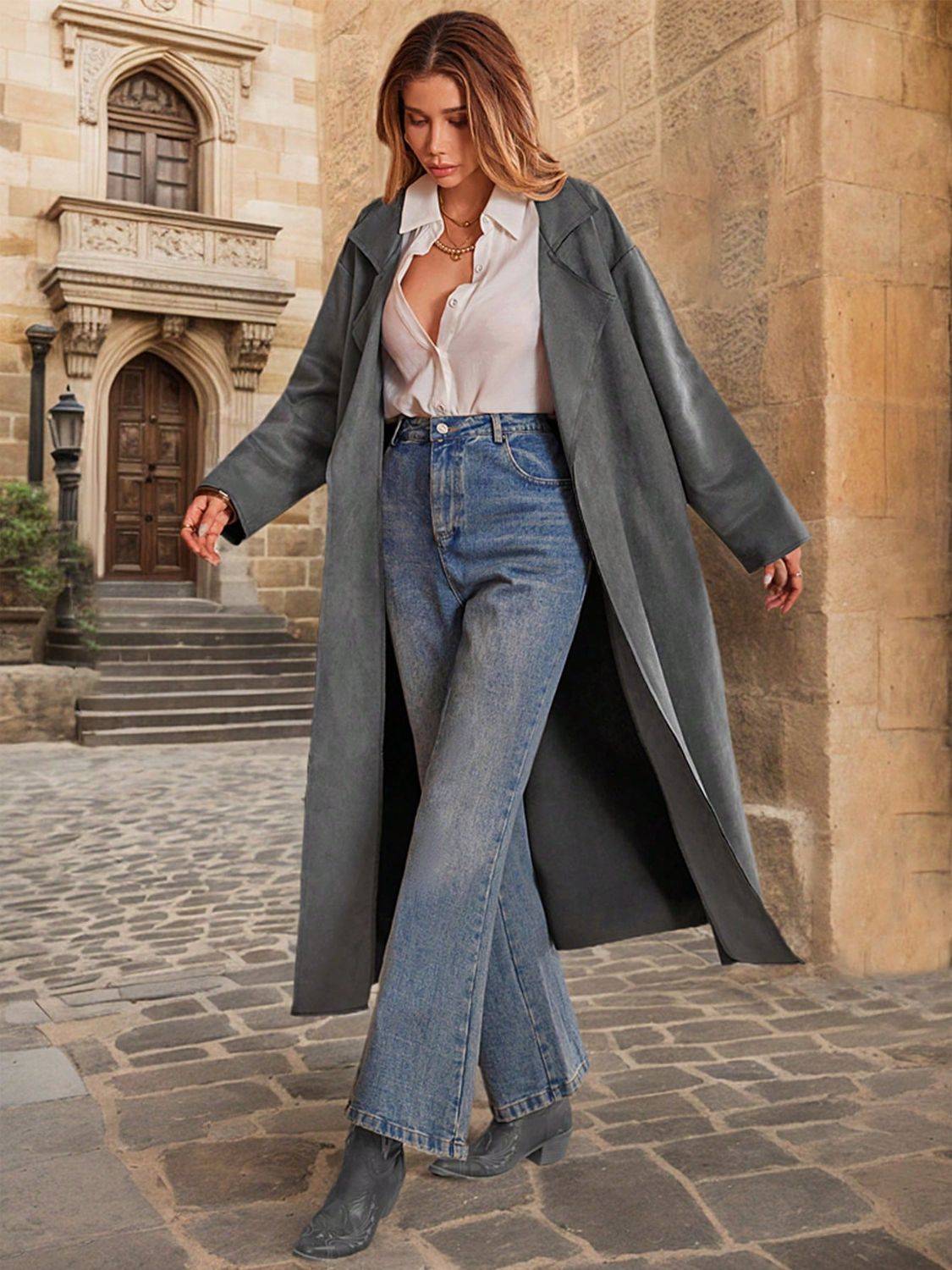 Casual long sleeve coat with tie waist, walking pose