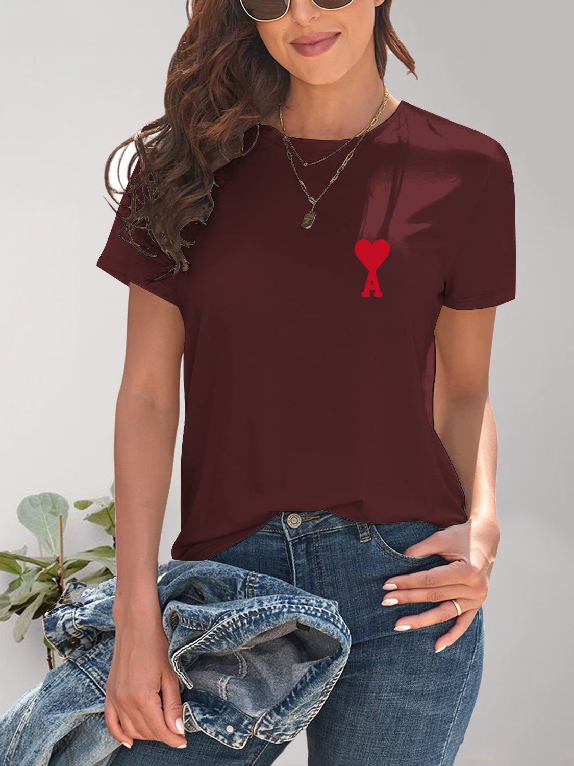 Burgundy heart round neck short sleeve t-shirt styled