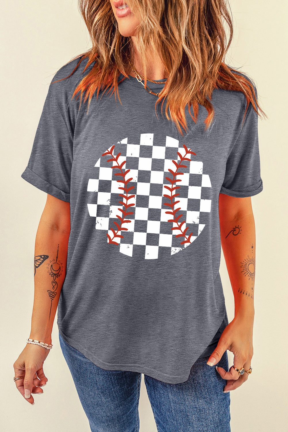 Checkered graphic round neck short sleeve t-shirt angled view