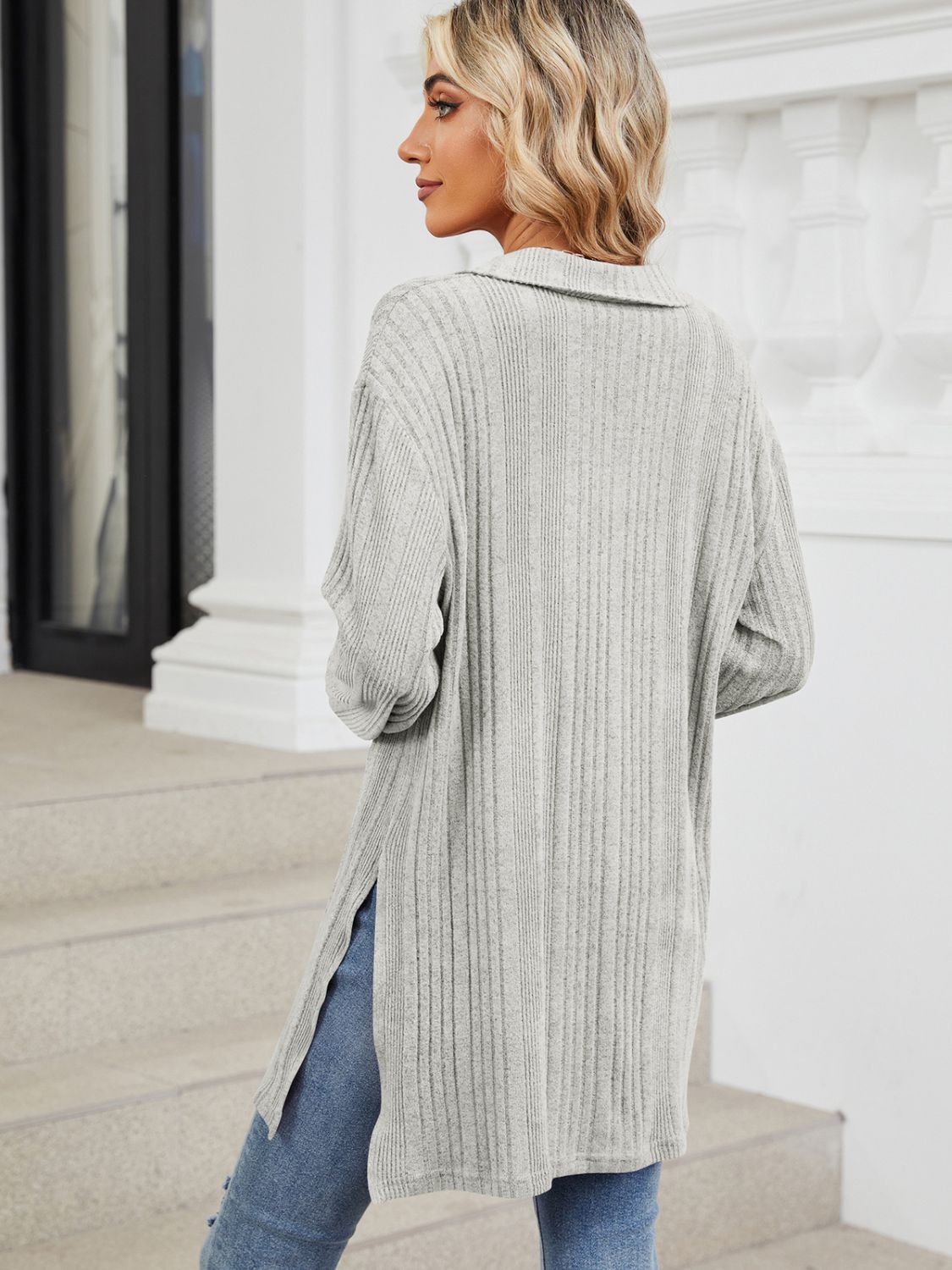 Light gray slit Johnny collar long sleeve t-shirt back view