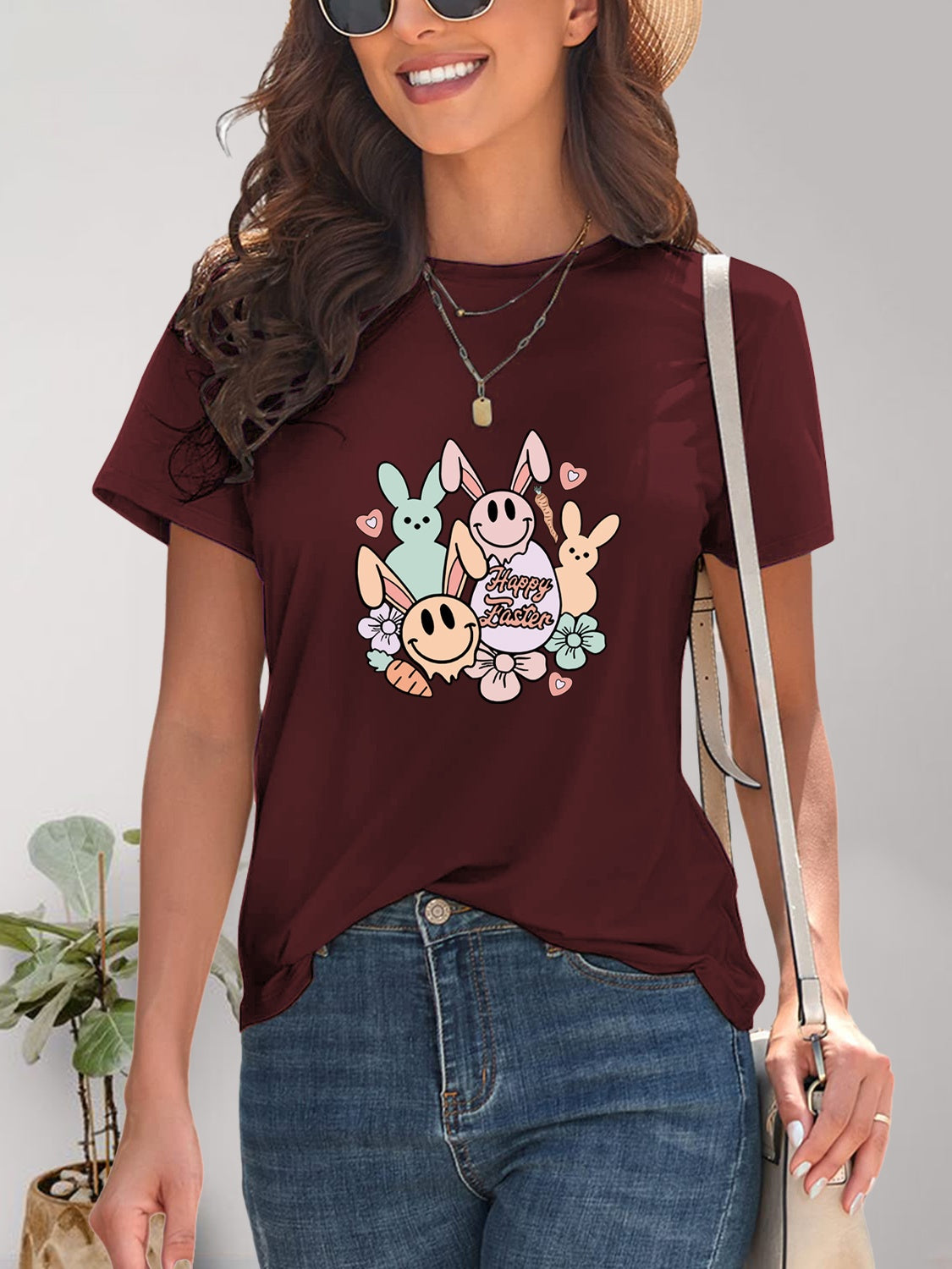 Maroon graphic round neck short sleeve T-shirt front