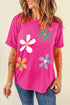 Pink flower round neck short sleeve t-shirt, front view