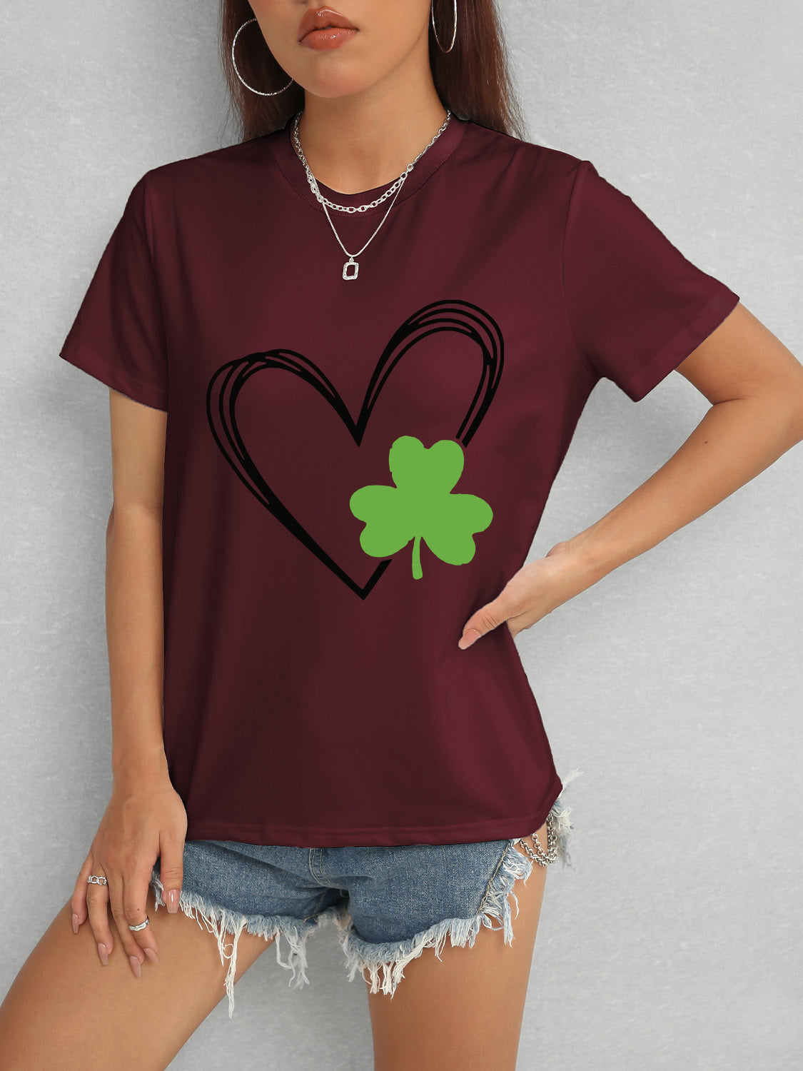 Maroon Heart Lucky Clover Short Sleeve T-Shirt