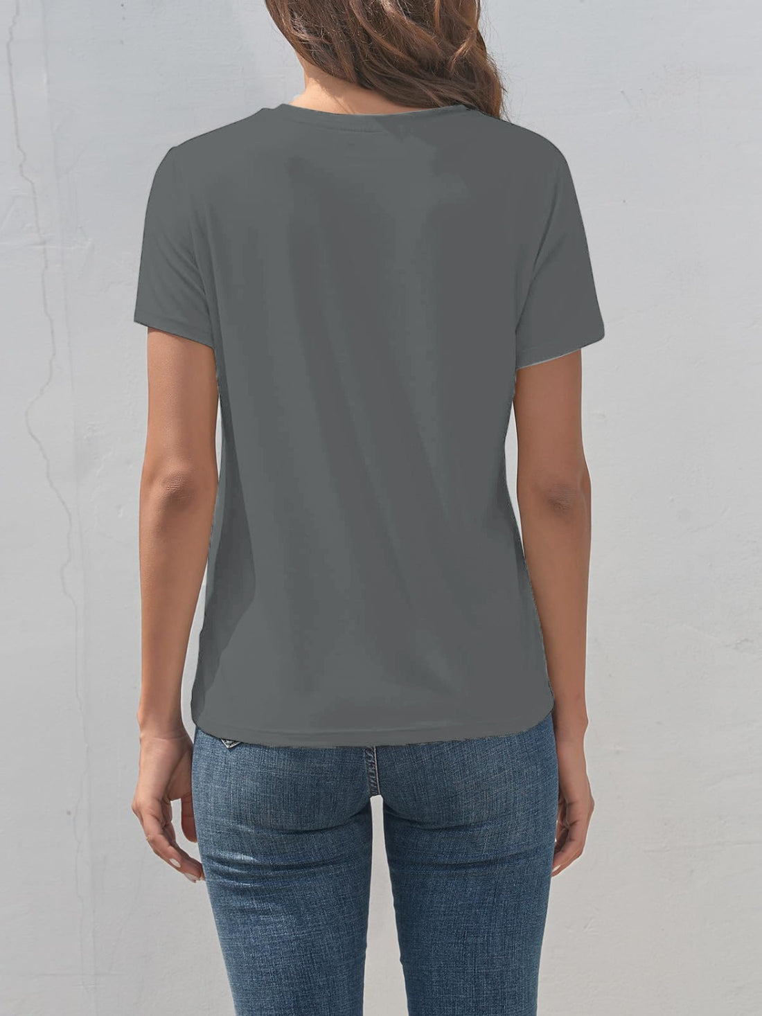 Back view of gray graphic round neck T-shirt
