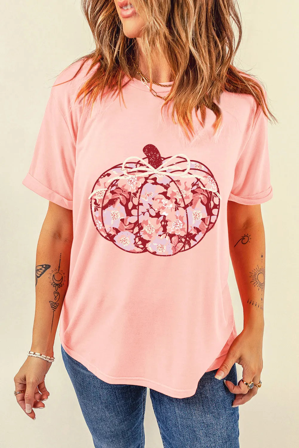 Pink pumpkin graphic round neck long sleeve t-shirt front view