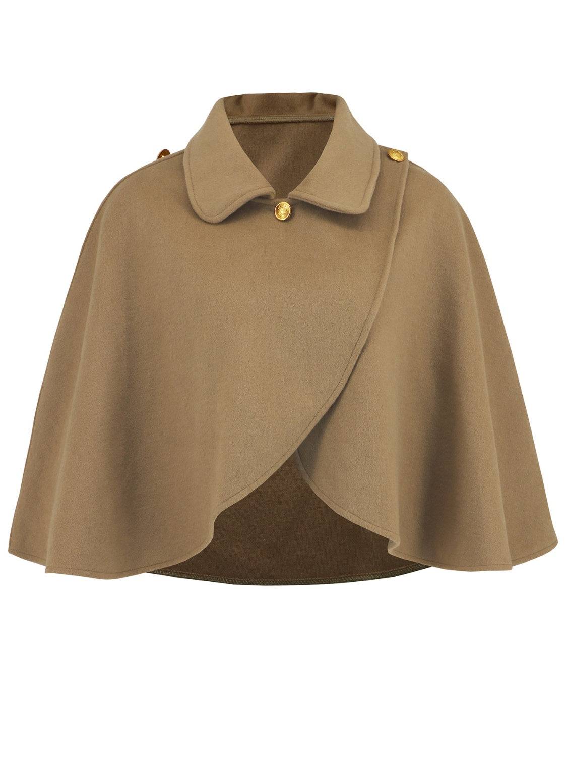 Khaki collared neck cropped cape, front view