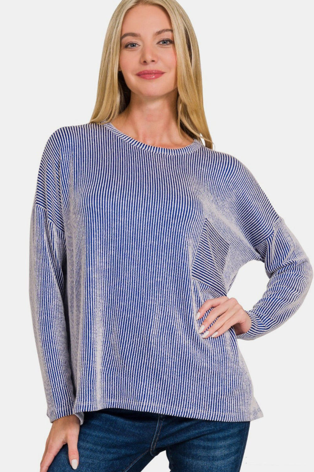 Zenana ribbed striped long sleeve t-shirt front view