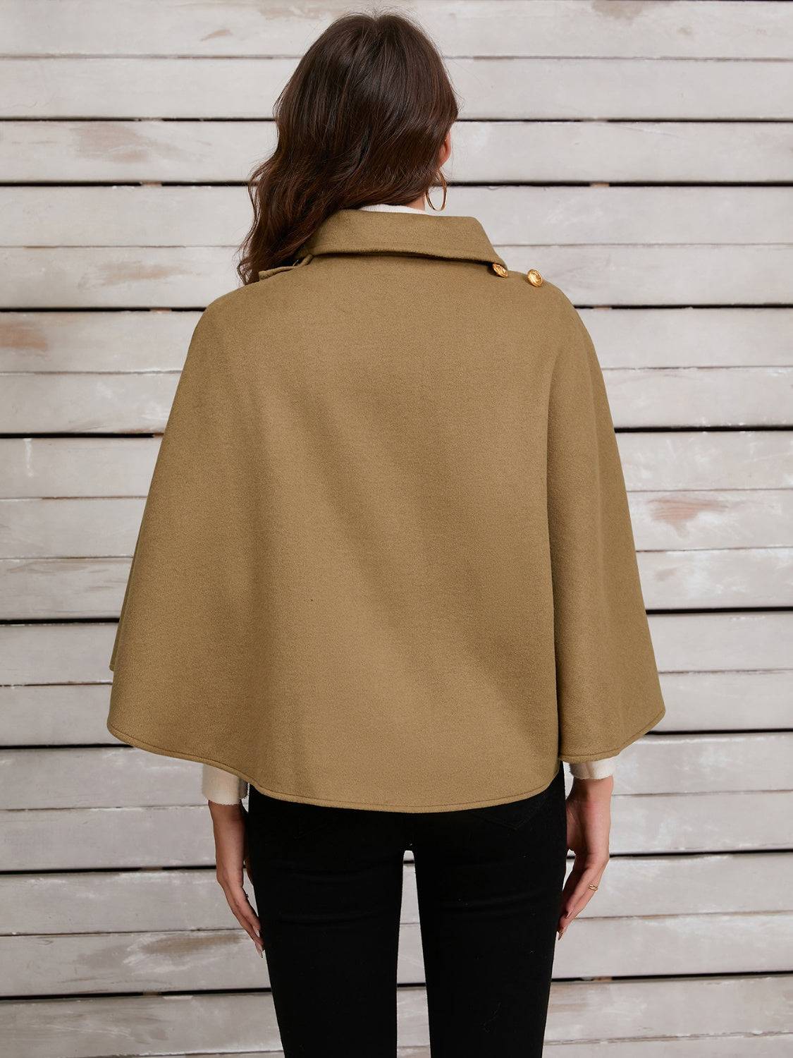 Khaki collared neck cropped cape, back view